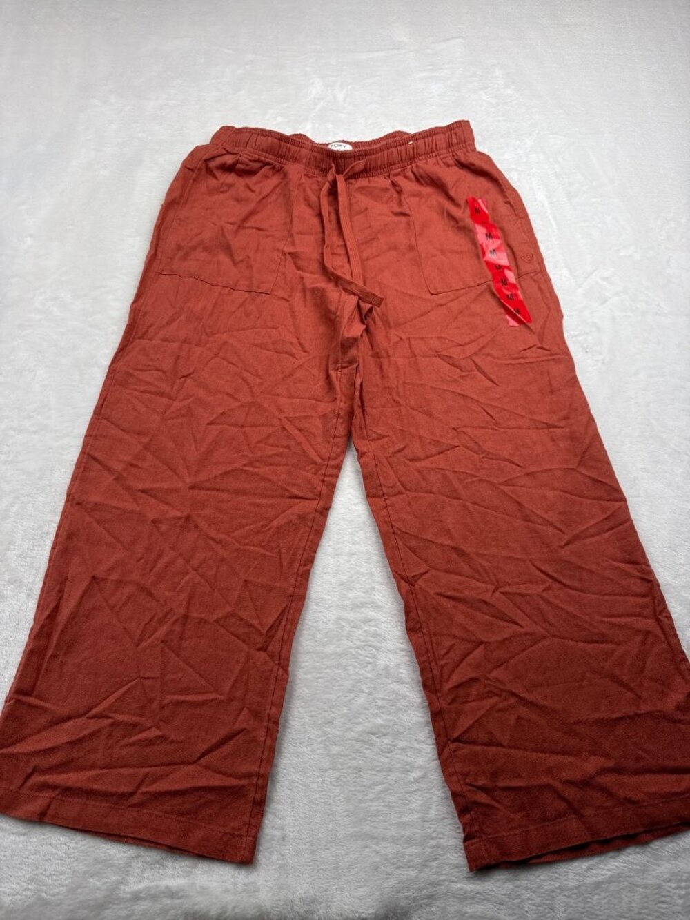 Roxy Womens Medium Burnt Orange Linen-Blend Elastic Waist Wide-Leg Pants
